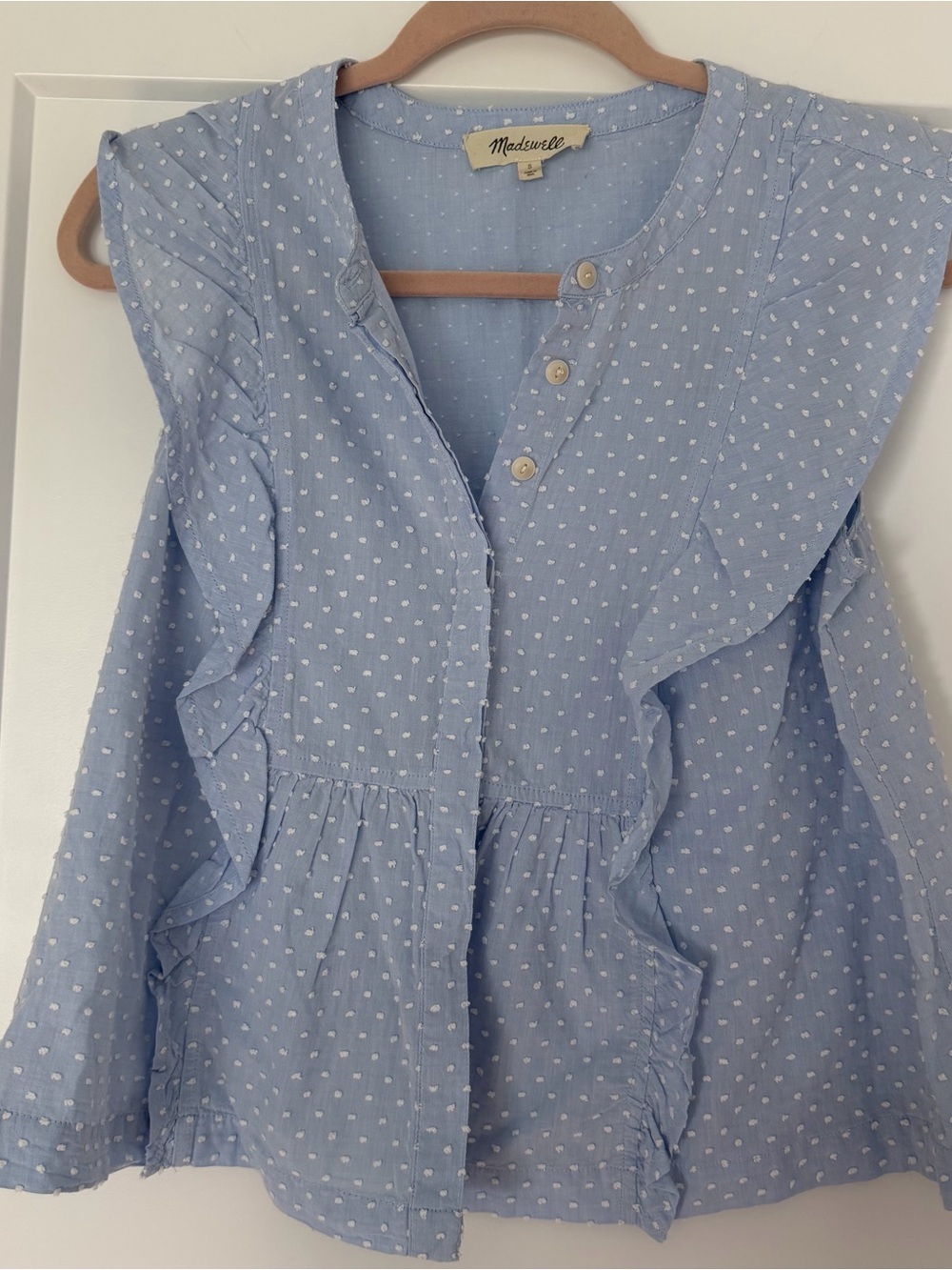 Madewell Light Blue Swiss Dot Ruffle Blouse